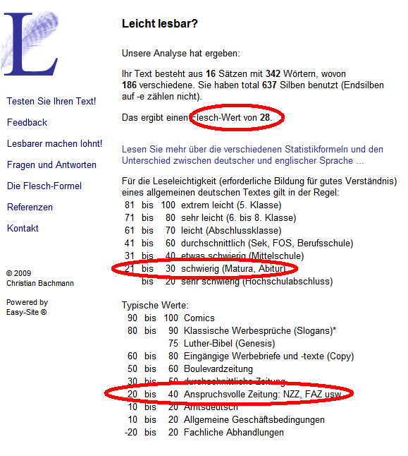 Ausriss der Website mit dem Flesch-Berechnungen zu meinen Text Ausriss der Website mit dem Flesch-Berechnungen zu meinen Text