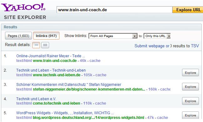 Externe Links von Yahoo Site Explorer Externe Links von Yahoo Site Explorer